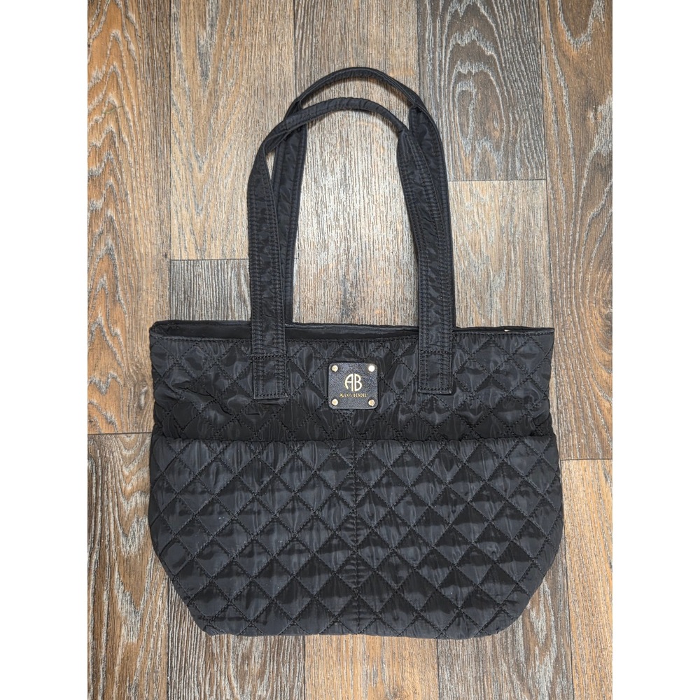 Alexis Bendel Black Quilted Nylon Tote Bag Gold Zip Striped Lining Womens